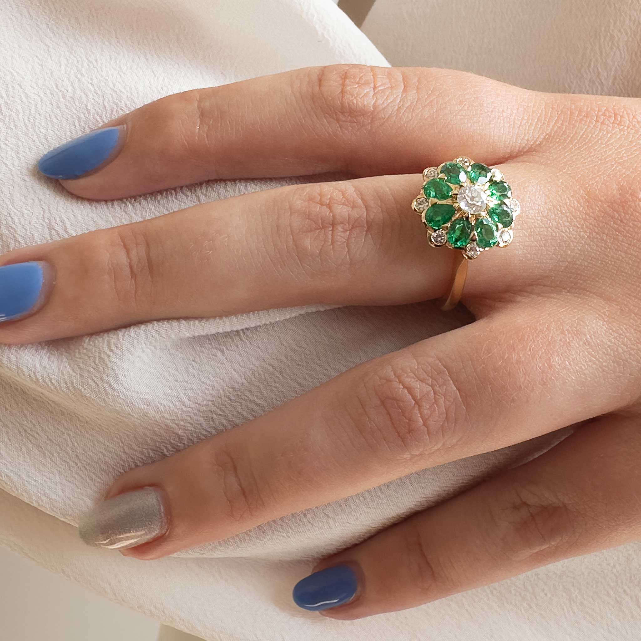 18ct Yellow Gold, Emerald and Diamond Rose Ring